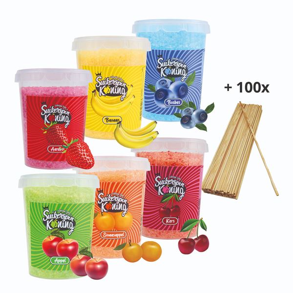 Suikerspinsuiker 6 smaken + 100 stokjes ( Suikerspinsuiker 6 smaken + 100 stokjes (